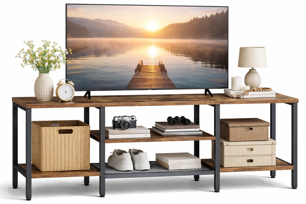Signature Home TV-meubel 140 cm - industriële tv-kast met 3 niveaus - voor tv's tot 65 inch - multifunctionele tv-kast - retrobruin en zwart