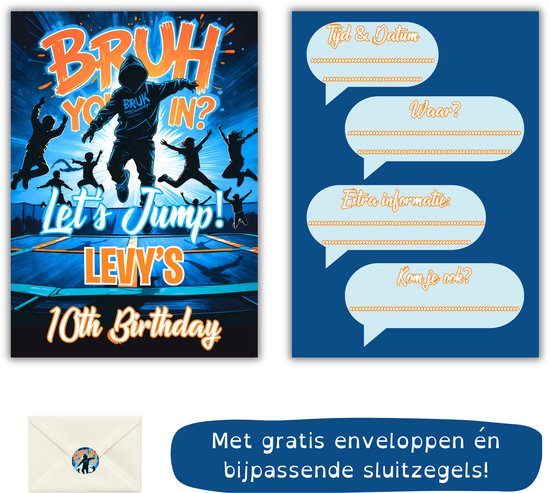 Avant et arrière d'une invitation pour une fête d'enfants. Il y a aussi des enveloppes et des scellés.