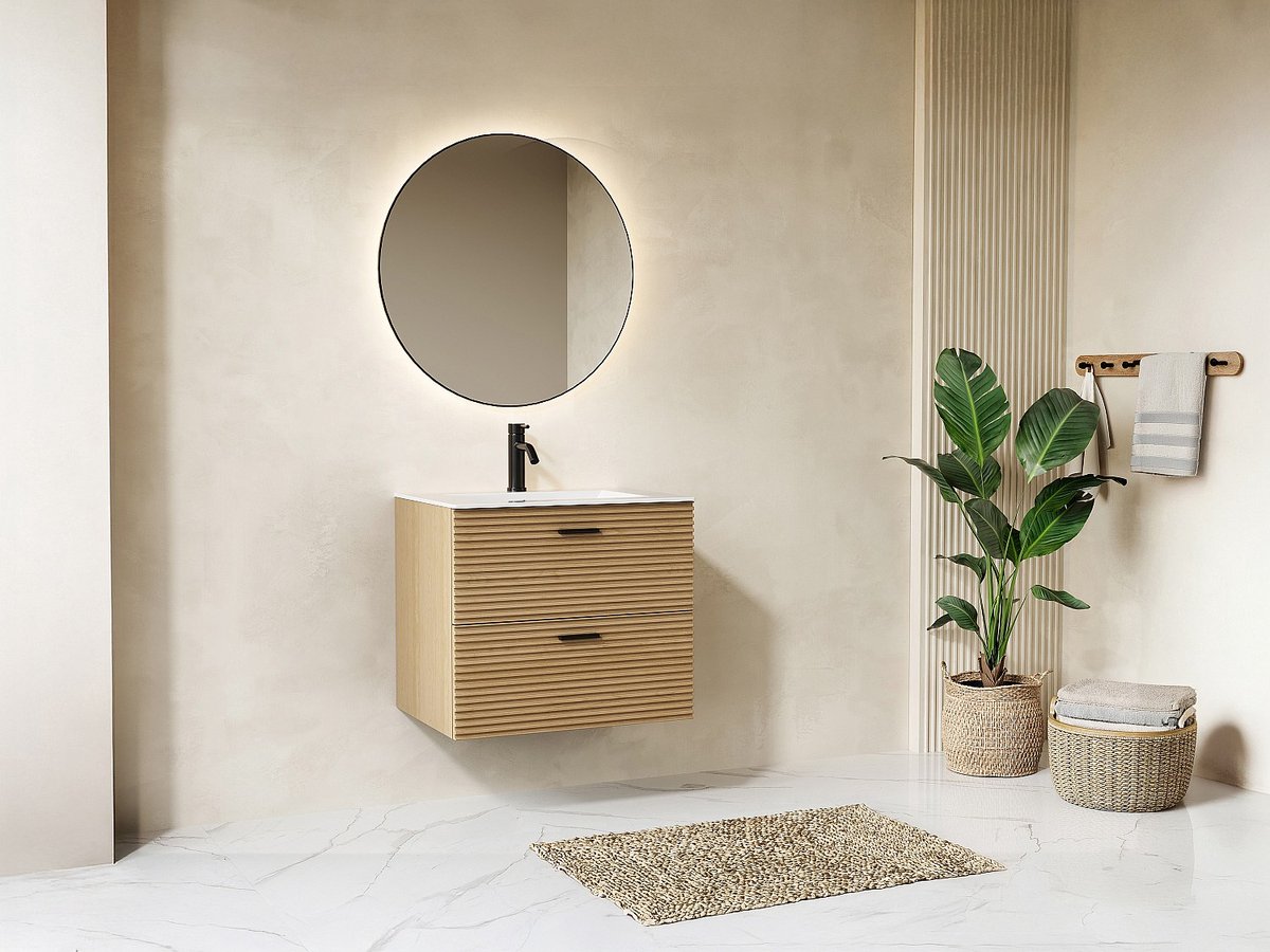 Vente-unique Zwevend badkamermeubel met inbouwwastafel - 2 laden - kleur: naturel gestreept - 60 cm - SARONE