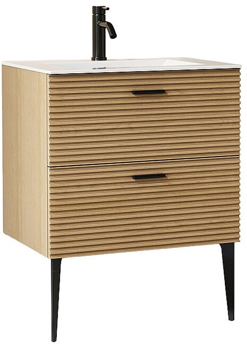 Vente-unique Geribbeld badkamermeubel op pootjes met inbouwwastafel en kraan - 2 lades - Licht naturel - 60 cm - SARONE