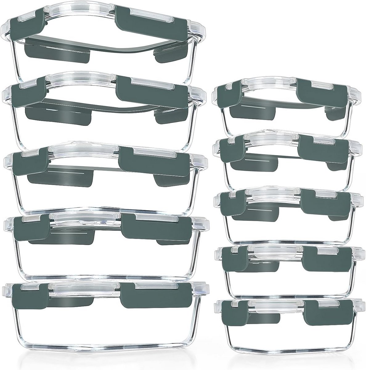 Set van 10 glazen maaltijdbereidingscontainers - Luchtdicht, stapelbaar en BPA-vrij voor magnetron, oven en vriezer