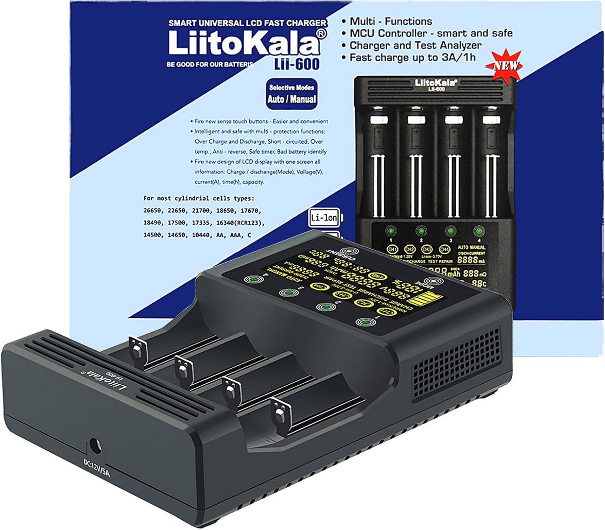 Snellader met LCD-display voor 18650 en andere accu's - 4 sleuven, 12V