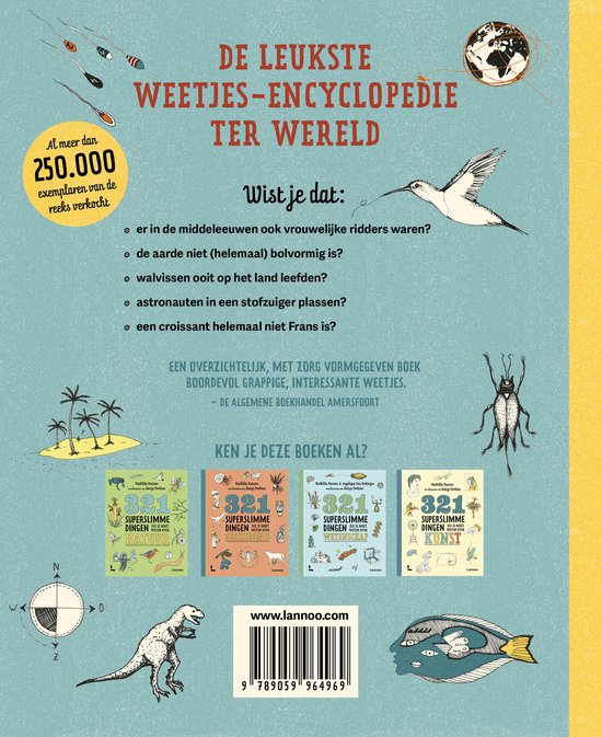 Boek 'De leukste weetjes encyclopedie ter wereld' met illustraties van een dinosaurus, spin, vissen en wereldbol.