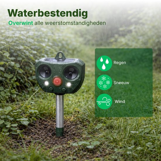 Liveno dierenvijver in de regen. Waterbestendig tegen regen, sneeuw en wind. Twee luidsprekers en knipperende LED's.