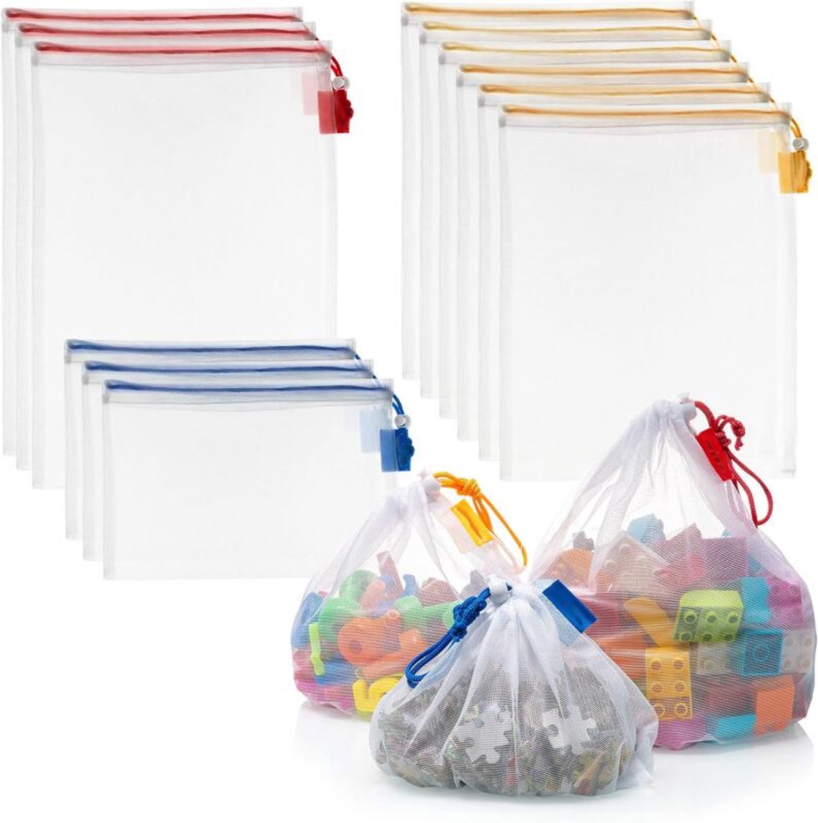 Netzakken - 12 Stuks - Opbergzak - Polyester - Met trekkoord - Herbruikbare - Speelgoed opbergtas van gaas - Opbergtas - Badspeelgoed tas - Wasbaar - Geschikt voor het bewaren van fruit, groenten en speelgoed - 3 Maten - Rood/Oranje/Blauw