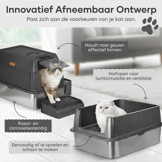 ADSafety Kattenbak RVS - Kattentoilet Roestvrijstaal - Incl. Kattenbakschep met Houder en Gritopvang Opstapje - 2 in 1 Open Kattenbak met Afneembare Deksel - 60x40x38cm - Donkergrijs