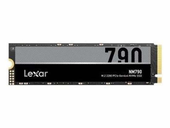 Lexar NM790 M.2 2280 PCIe Gen4x4 NVMe SSD met een zwart en grijs gestreept etiket en gele connectoren.