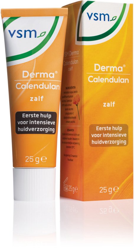 VSM Derma Calendulan zalf 25g verpakking en tube, oranje met witte dop.