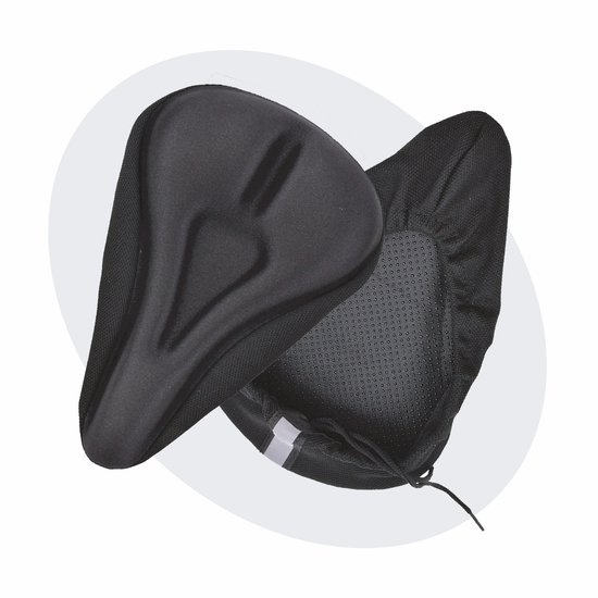 Twee zwarte fietszadelhoezen, één opgevouwen en één open met antislip onderkant.