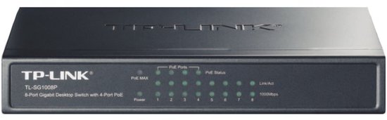 Zwarte TP-Link TL-SG1008P 8-poorts Gigabit desktop switch met PoE.