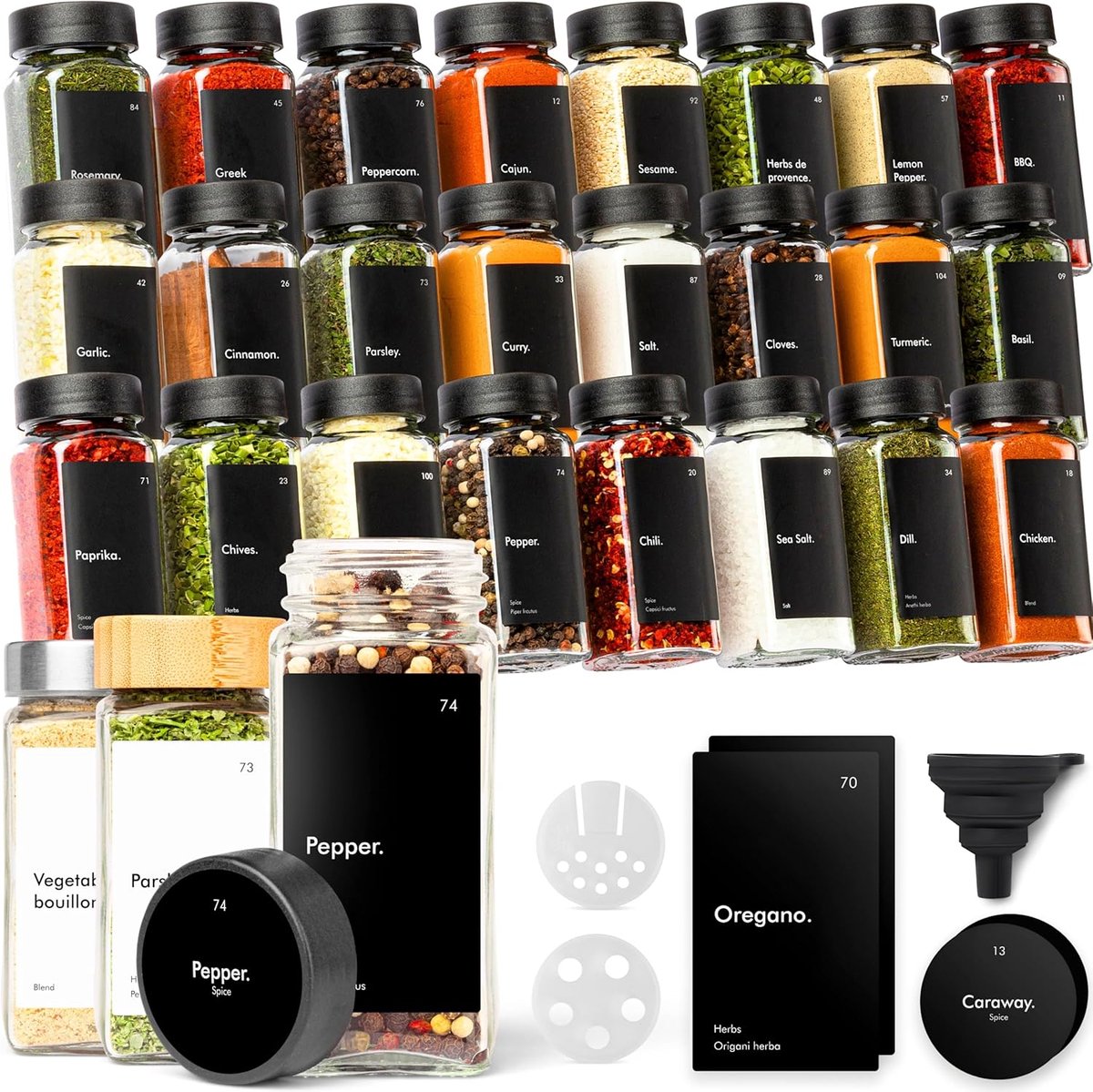 Famanu - Kruidenpotten met shaker-inzetstuk [24 x 120 ml] + 240 waterdichte etiketten, luchtdichte kruidenpotjes, zwart, kruidenshaker, glazen sticker, kruidenpotjes, zwarte deksel