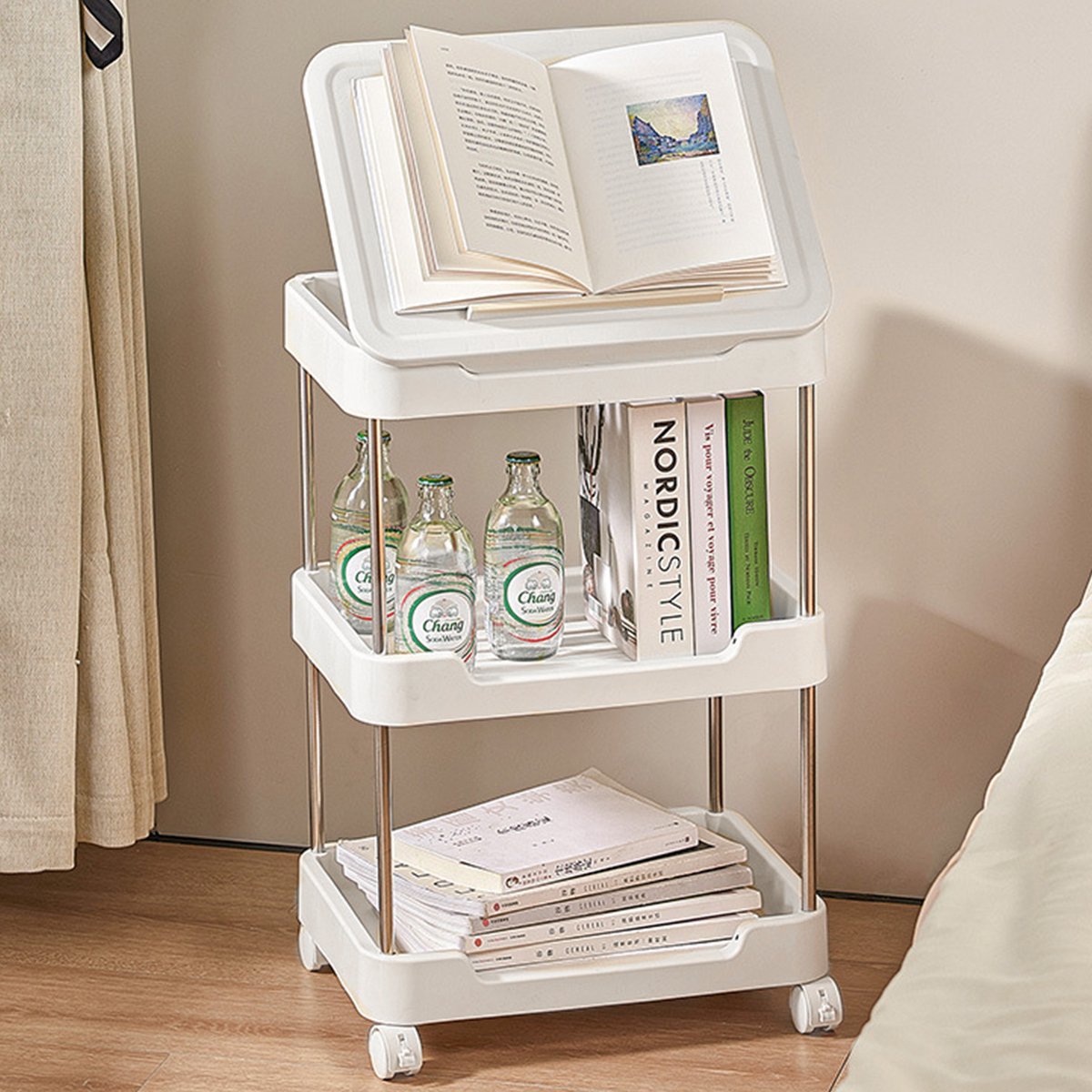 CHIWIN Trolley op Wieltjes Wit - 3-laags Opbergrek op Wielen - Roltafel met Afneembaar Tafelblad - Mobiel Stellingkast Kunststof Klein - Keukentrolley & Badkamer Trolley - Metaal Frame - Eenvoudige Montage - Compact & Ruimtebewust