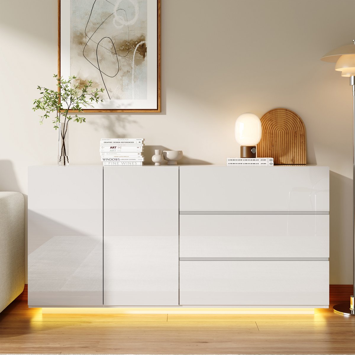 Modern Hoogglans Dressoir met LED Verlichting – Sideboard & TV-Meubel met Lades en Deuren