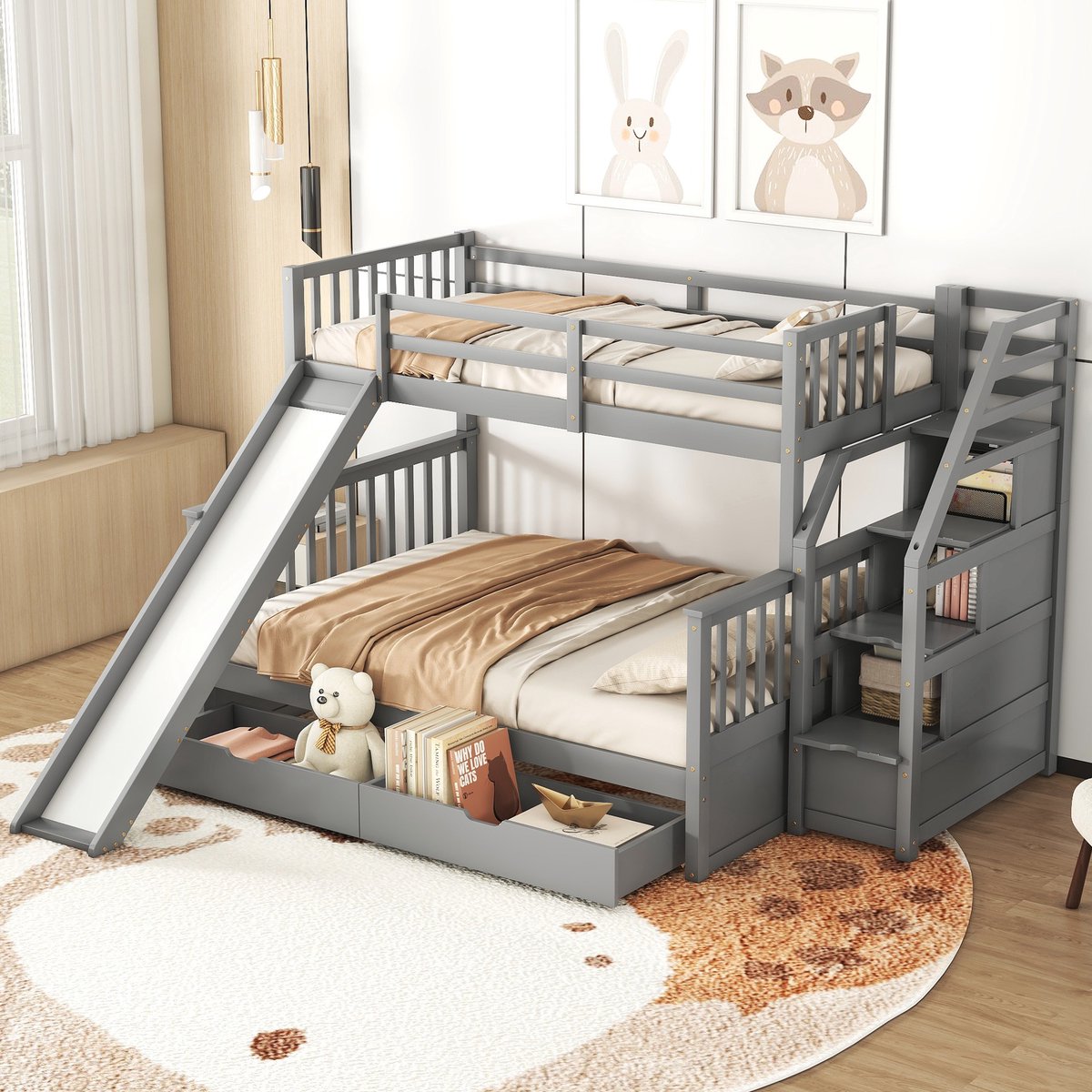 Hoog Laag Bed 90 x 200 cm en 140 x 200 cm - Stapelbed Met Glijbaan, Trap, Laden En Opbergruimte - Voor Kinderen - Hout - Grijs - Zonder matras