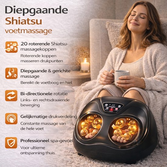 Voetmassageapparaat met shiatsu, compressie en warmtefunctie. Een vrouw ontspant met het apparaat.