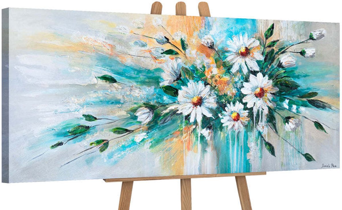 YS Canvas schilderij panoramisch 115x50 handgeschilderd zonnige madeliefjes bloemen – YS-Art Gallery – Frisse wanddecoratie voor woonkamer – Modern schilderij voor hal