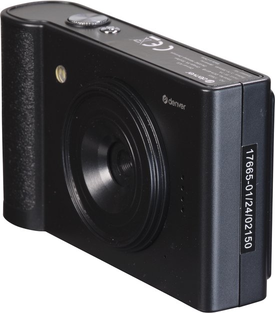 Zwarte Denver digitale camera met lens en op de zijkant serienummer 17665-01/24/02150.