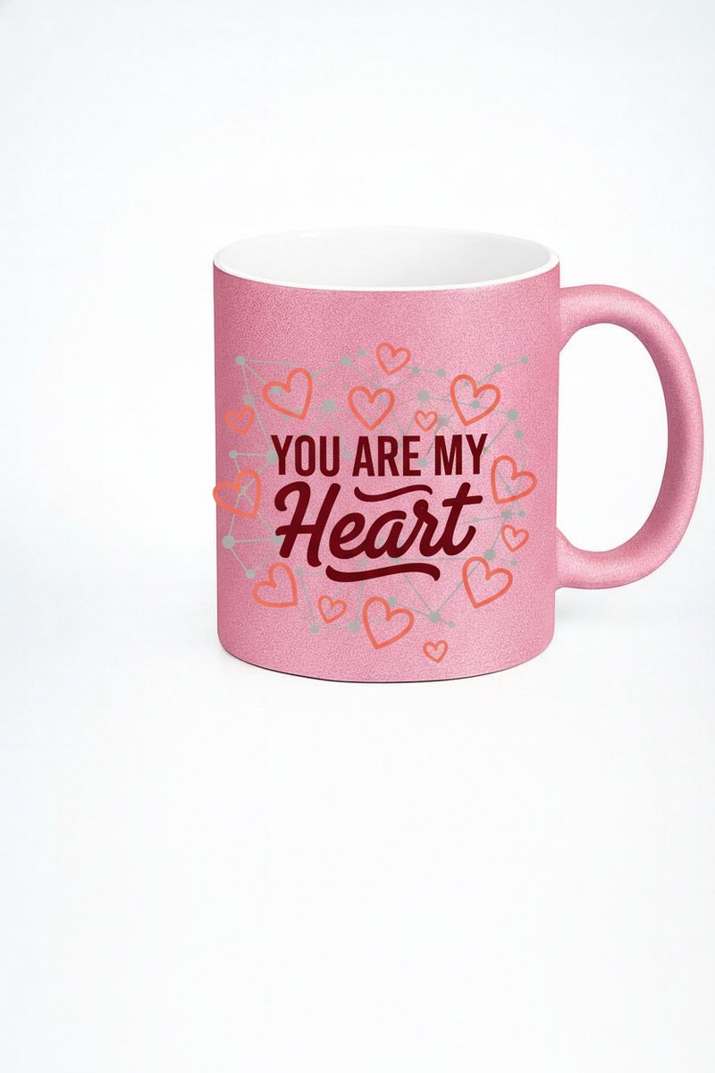Roze Glitter Mok 'You Are My Heart' met Harten - Romantisch Valentijnscadeau