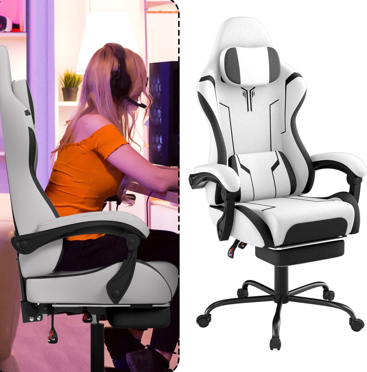 Aufun Gaming Stuhl - Ergonomische Computerstoel met Massage - Bureaustoel met Lendenkussen en Voetensteun - Gewatteerde Armleuningen en Hoofdsteun - Wit