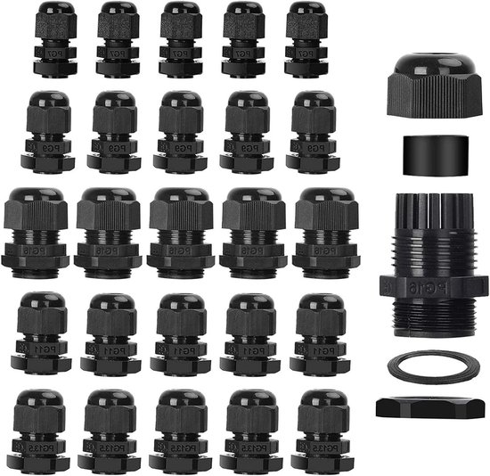 25-delige kabelwartel set voor waterdichte verbindingen - zwart, verstelbaar en instelbaar met contramoer - diverse maten PG7 PG9 PG11 PG13.5 PG16.