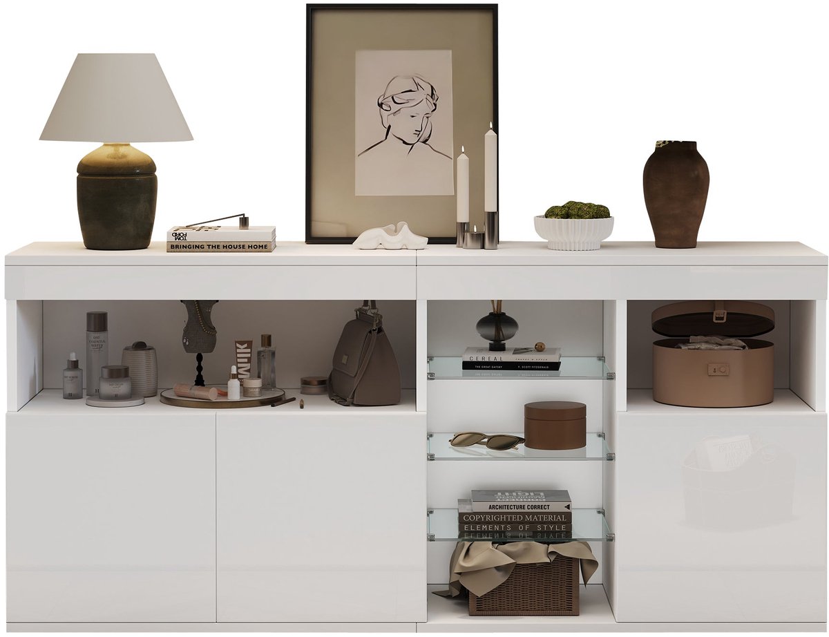 Merax Sideboard Dressoir Met Led Verlichting - 3 Deuren - Open Middenvak - 3 Glazen Planken - Hoogglans Front - Wit - 155 5 X 35 X 72 Cm