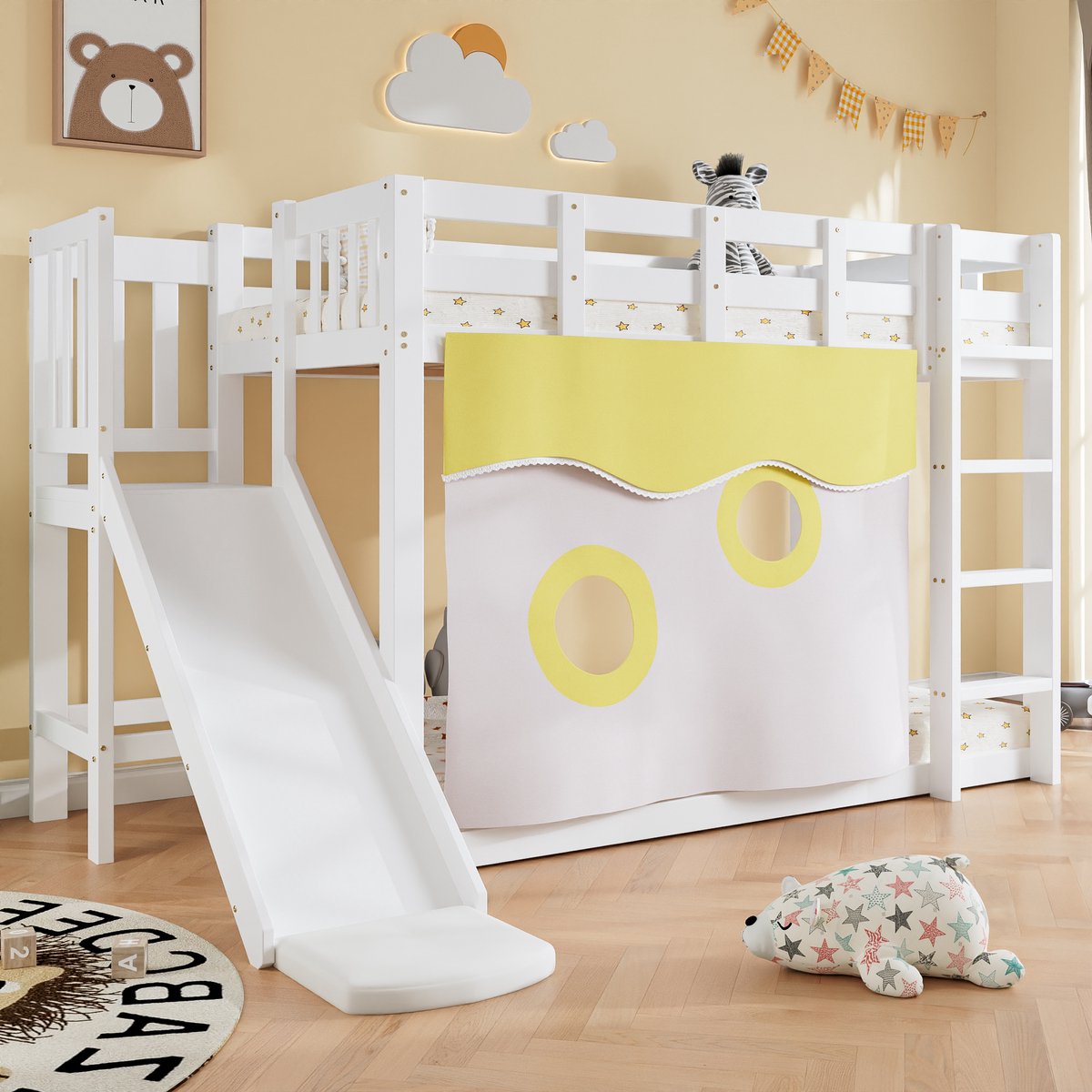 Clruro Stapelbedden - 90x200cm - Houten Hoogslaper Met Trap En Reling - Met Bedgordijn En Glijbaan - Kinderbed Met Veiligheidshek - MDF + Kiefer - Wit