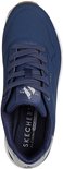 Bovenaanzicht van een donkerblauwe Skechers sneaker met veters en beige zool.