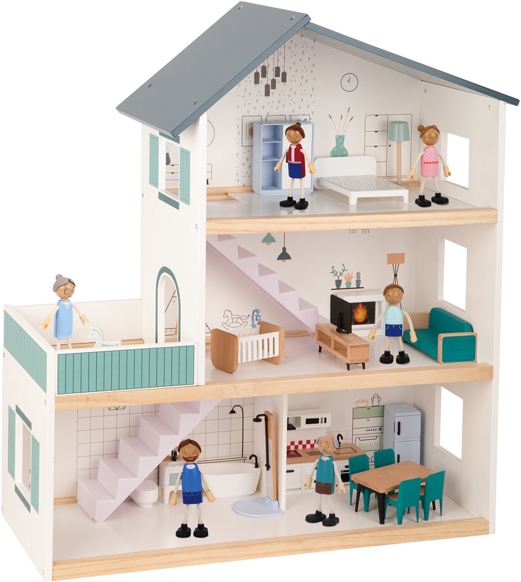 Houten Poppenhuis – 3 Verdiepingen – 31-delig met Meubels & 7 Poppetjes | Groot Formaat 63 × 22,5 × 69,8 cm | Modern Speelhuis voor Kinderen