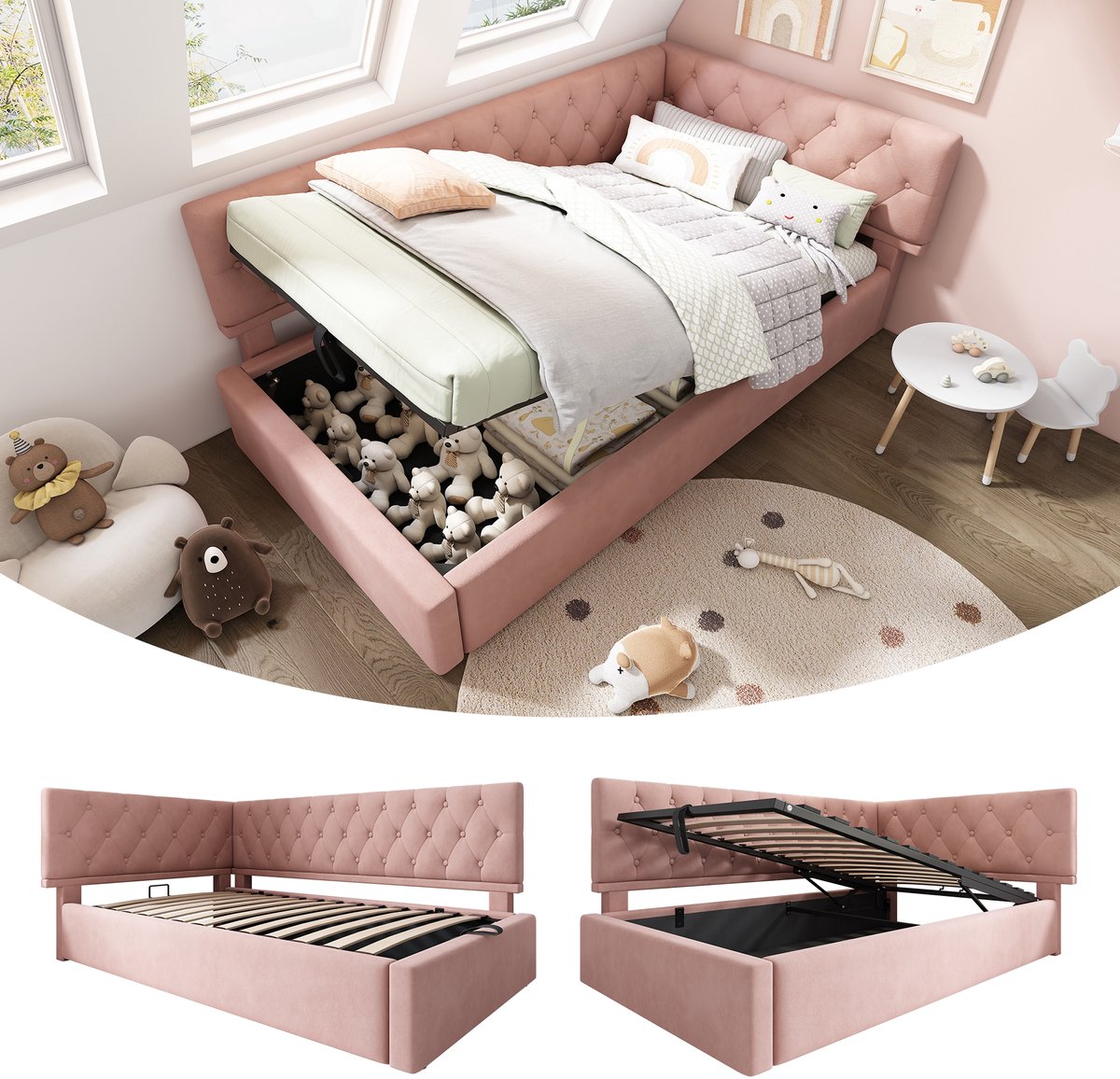 Daybed 90x200 cm - Gestoffeerd Slaapbank Met Hydraulische Opbergruimte - Met Houten Lattenbodem - Fluweel - Roze