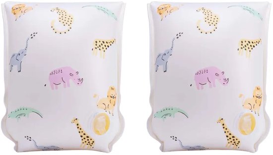 Twee witte zwembandjes met een print van luipaarden, olifanten, nijlpaarden, giraffen en krokodillen.