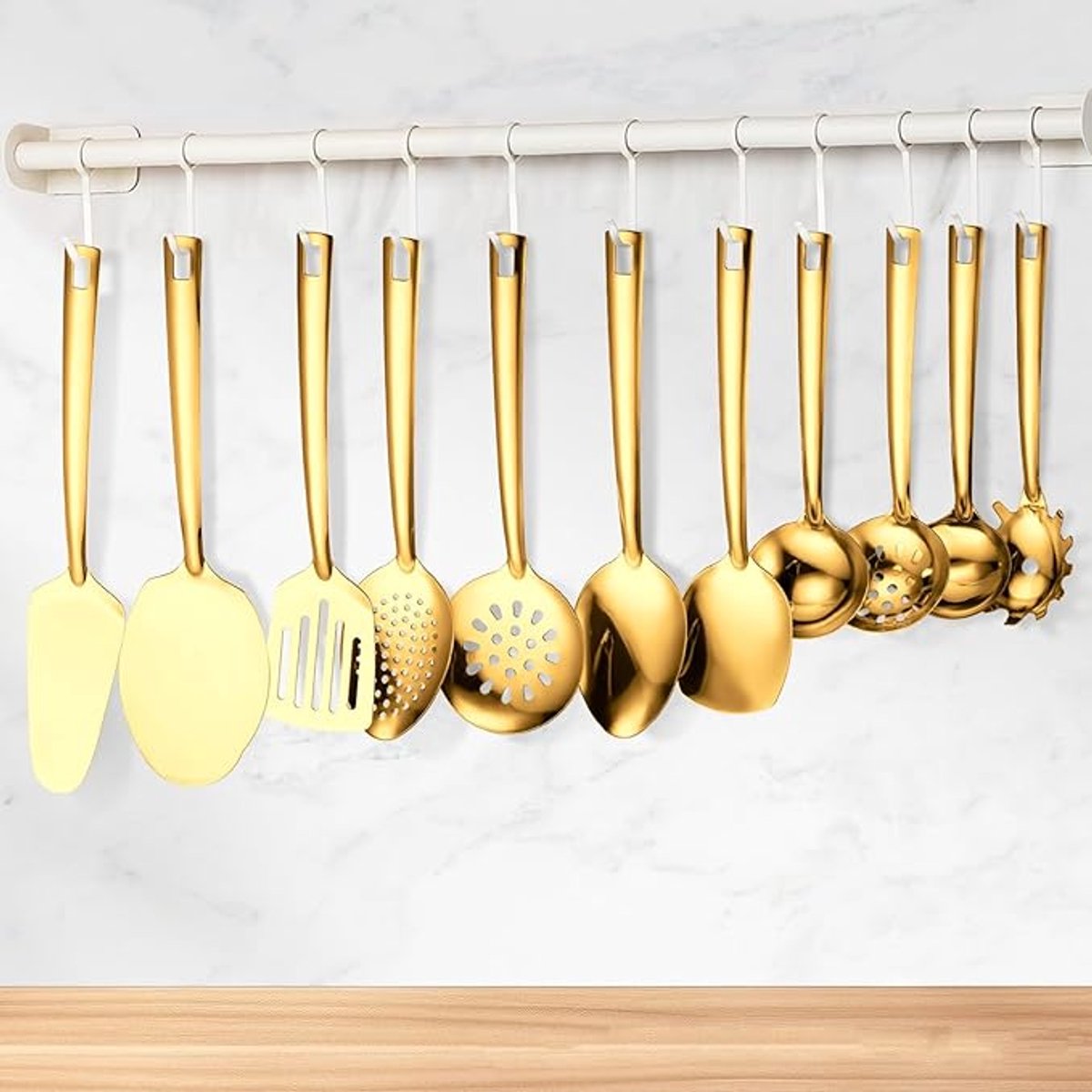 Gouden keukengerei, 11-delig, titanium gouden coating, roestvrij staal - kookgerei set, spatel - kooklepelset, kookgerei - Home Essentials keukenhulpaccessoires