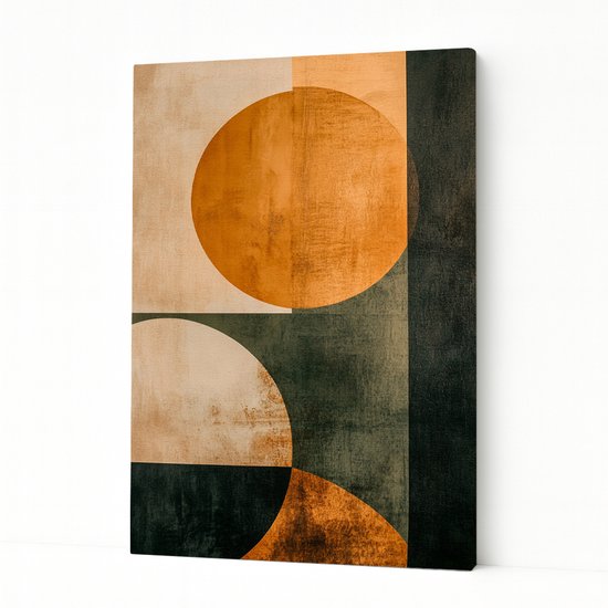 Peinture abstraite avec des cercles jaune ocre et vert foncé, posée au sol.