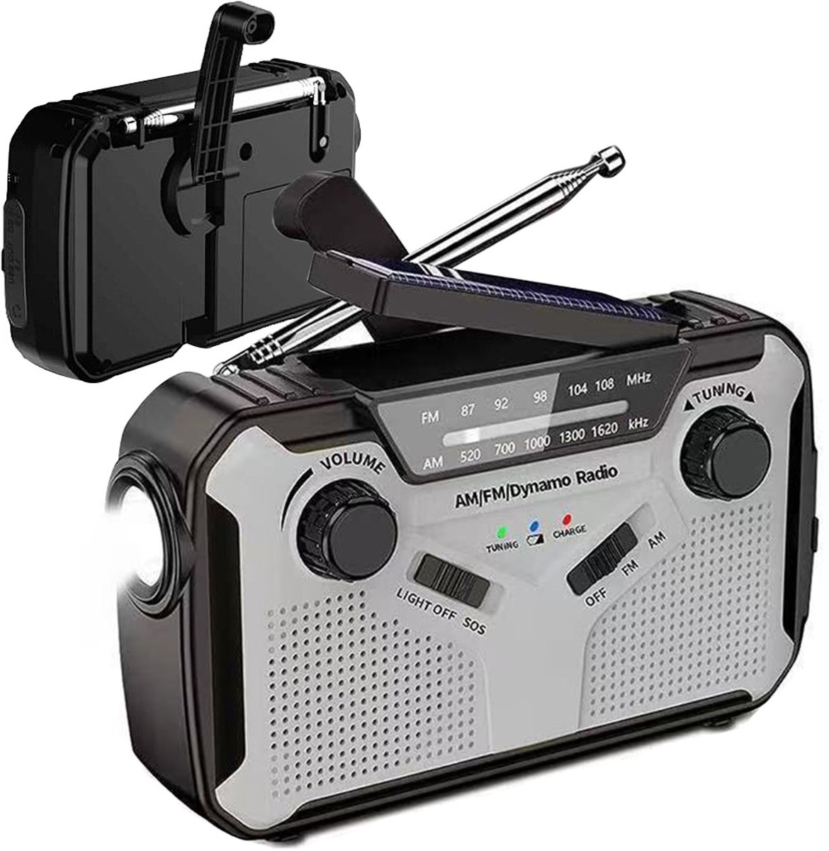 Noodradio Solar Opwindbaar en Batterij - Draagbare AM/FM-Radio met Handslinger - Draagbare Survival Radio - 2500 mAh - Powerbank Zonneenergie - Bouwradio - Zaklamp - Grijs
