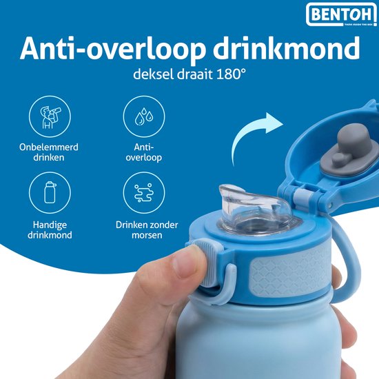BentOH! RVS Waterfles 350ml Kinderen & Volwassenen - Blauw - Anti-overloop & Lekvrij – Met Eén Hand te Openen – BPA-vrij & Vaatwasserbestendig