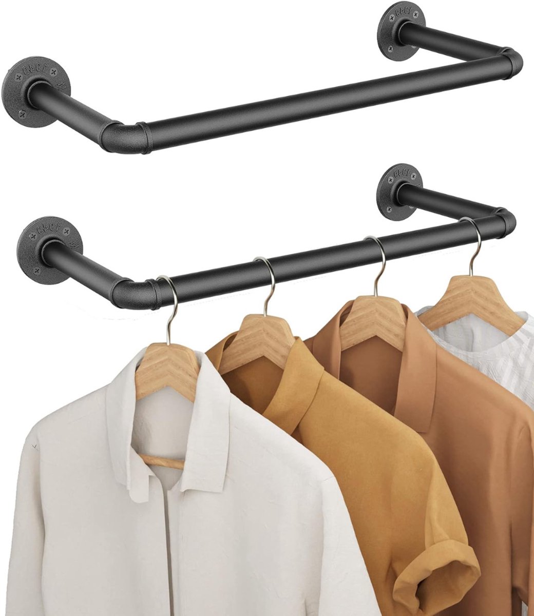 VIN® Kledingstang voor aan de Muur – Hoogwaardige Stalen Kledingroede – Set van 2 - Kledingrek - Hangrek - Garderobe Stang – Wandmontage - 49 cm