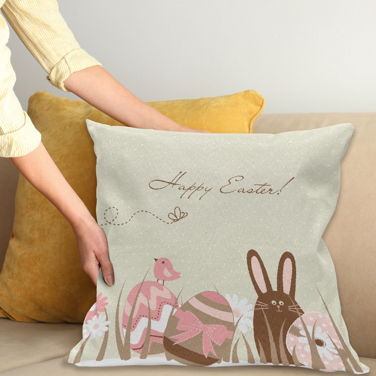 ABAKUHAUS Pasen Kussenhoes – 50x50 cm – Bleek Saliegroen/Roze, beidseitig bedrukt, waschbaar Blass saliegroen roze