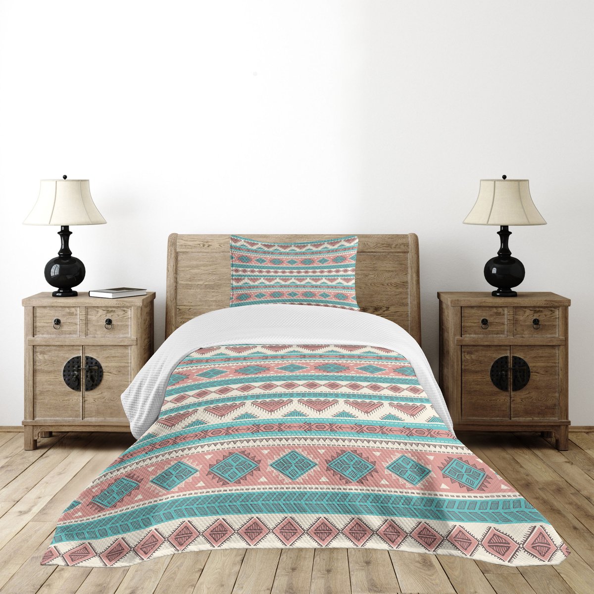 ABAKUHAUS Tribale bedsprei-set – 170×220 cm – 2-delig, Perzik Crème Aqua