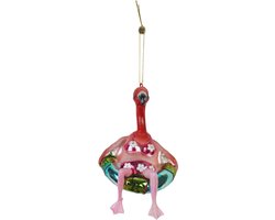 Housevitamin Kersthanger Flamingo in Bikini – Glas Roze – 7,5x7,5x11,5 cm – Grappige Glazen Kerstbal – Tropische Vrolijke Kerstversiering