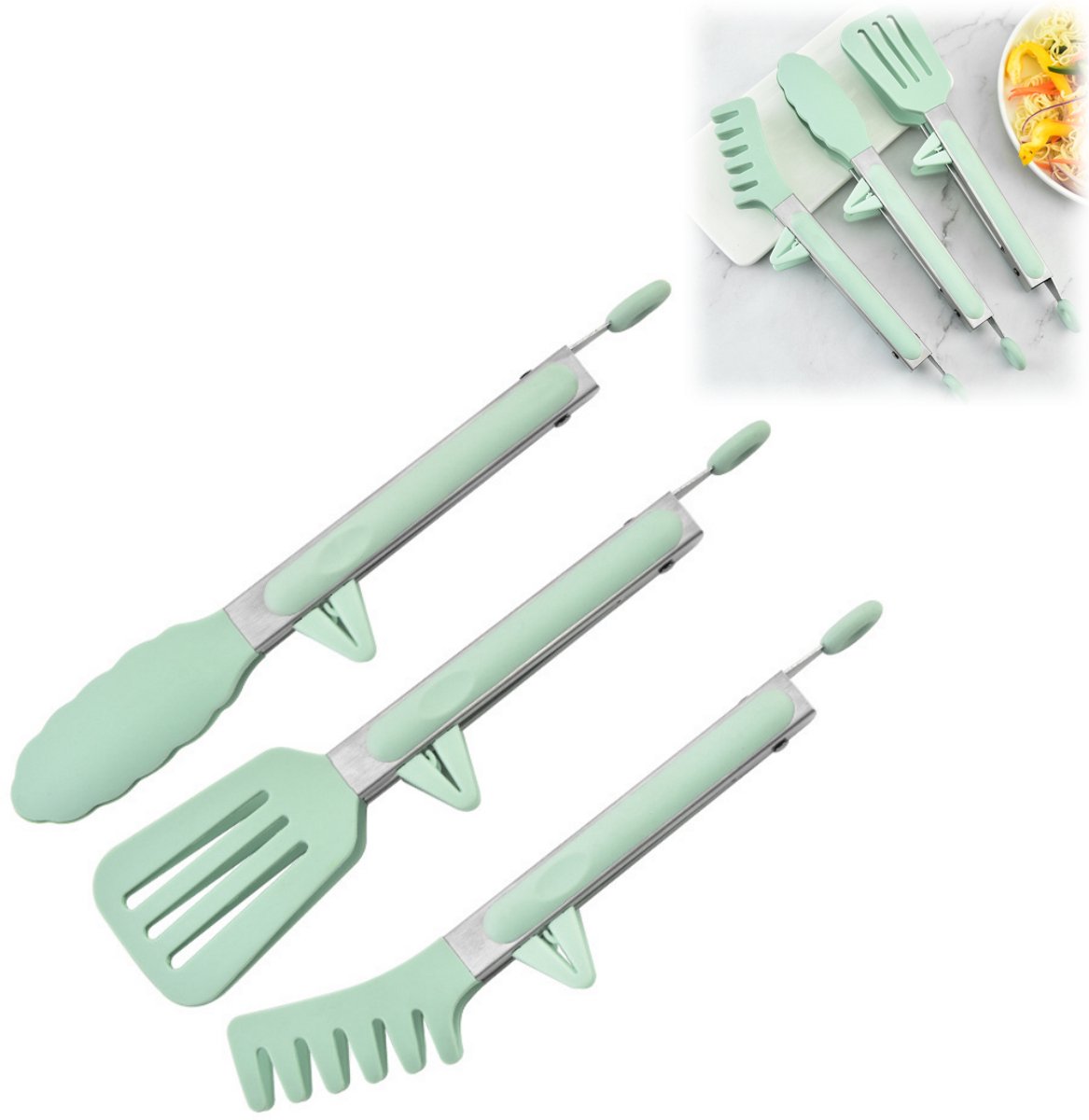 3 stuks - Voedseltangen - Siliconen - Keukengerei - Hittebestendig - Geschikt voor barbecues en keukens - Antislip - Voor salades, pasta en vlees - Groen