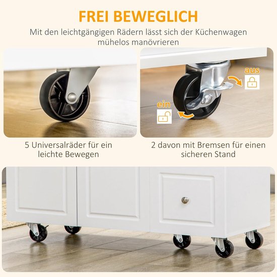 SoBuy Keukeneiland, Serveerwagen, Keukentrolley met Werkblad, Keukenkast Rolwagen Sideboard op Wielen, Wit,90x90x40cm, FKW124-WN