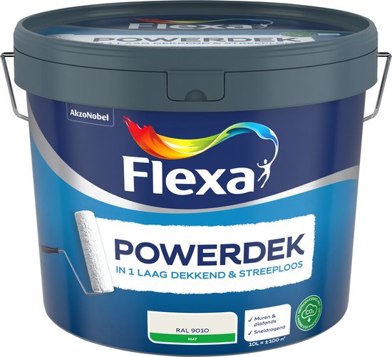 Flexa Powerdek verfblik RAL 9010 mat met regenbooglogo en roller.
