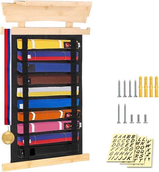 Porte-ceintures de taekwondo pour 12 ceintures en feutre de bambou - Support mural - Présentoir pour ceintures de judo, karaté ou ninjutsu (cadeau personnalisé)