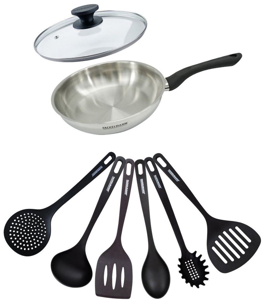 Set pan 24 cm roestvrij staal, glazen deksel en 6 Fackelmann Geneva keukengerei