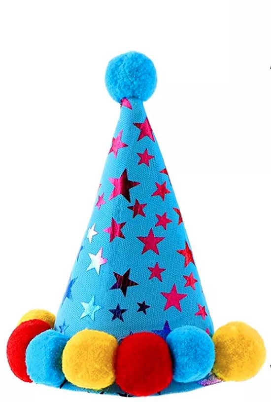 Blauwe feestmuts met sterren, pompons in rood, geel en blauw.