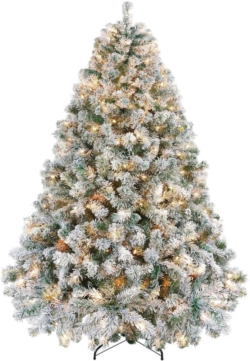Kunstkerstboom 230 cm – besneeuwd wit – 450 warmwitte LED’s – 1050 takpunten – metalen standaard – pre‑lit