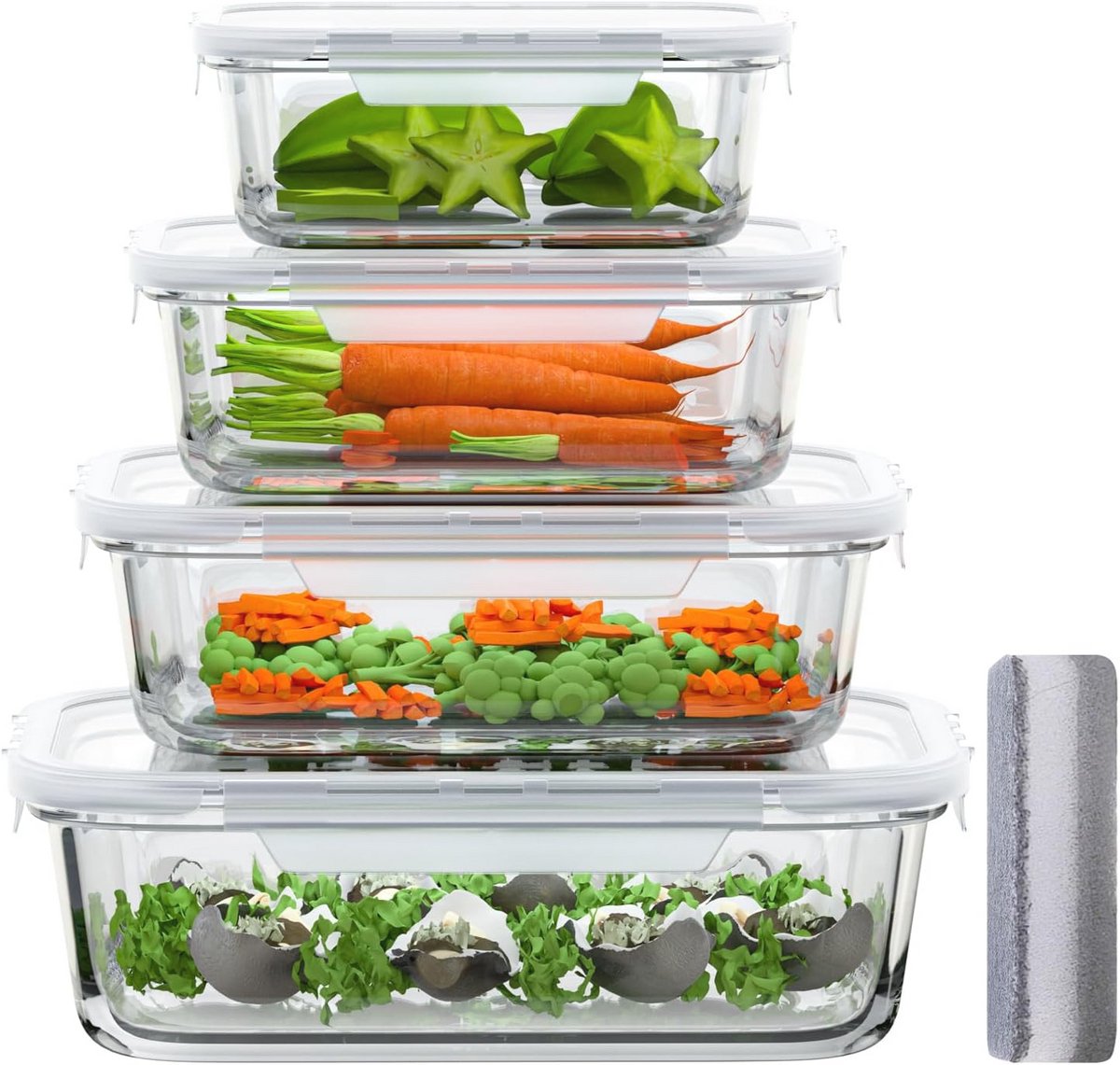 Set van 4 glazen voedselcontainers met kliksluitdeksels, BPA-vrij
