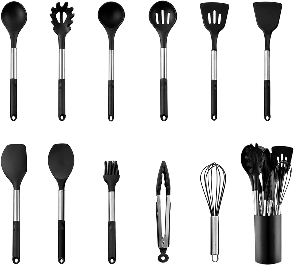 STILVORA Keukengerei-Sets – Keukengerei 12-Delig Met Houder, Hittebestendig Siliconen Kookgerei Set – BPA-Vrij, Geen Breken Of Buigen, RVS + Siliconen – Zwart