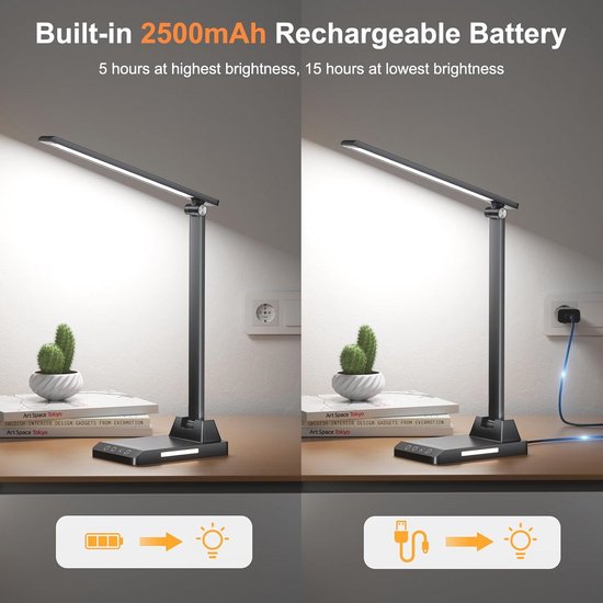 Dimbare LED Bureaulamp met Draadloze Accu en Touch-Bediening - 5 Kleuren en 10 Helderheidsniveaus voor Lezen en Studeren — afbeelding 2