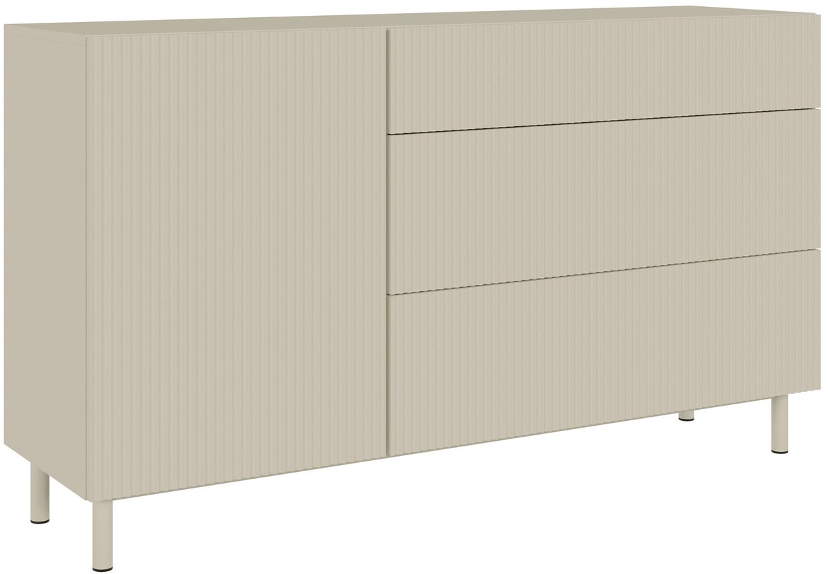 Selsey Veldio New – Dressoir met 1 deur, groefstructuur en 3 lades, Greige, 140 cm