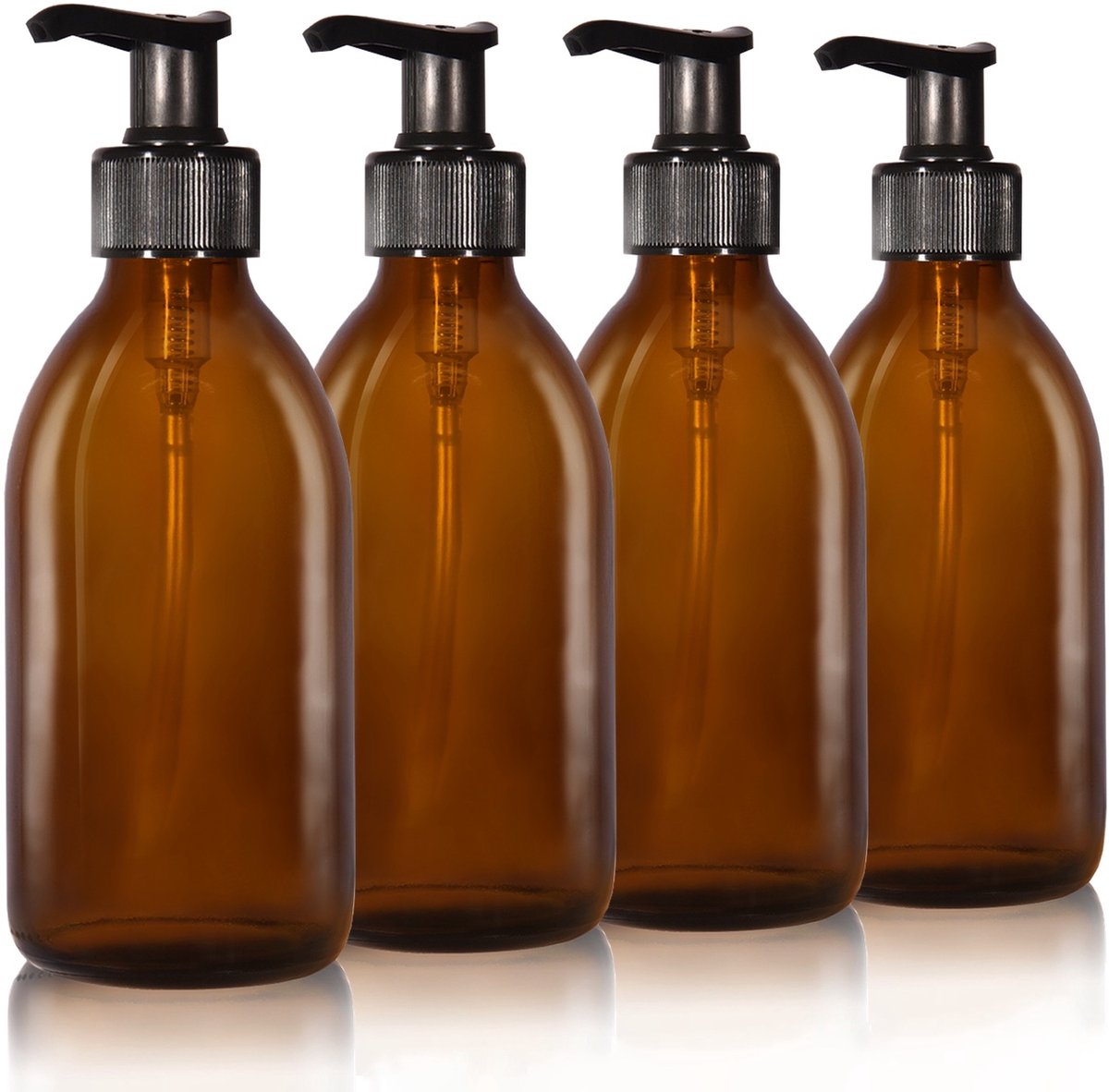 Oputec 4x 250ml amberglas – zeepdispenser pompflessen – navulbare fles + etiketten – extra zuinig tot -70%